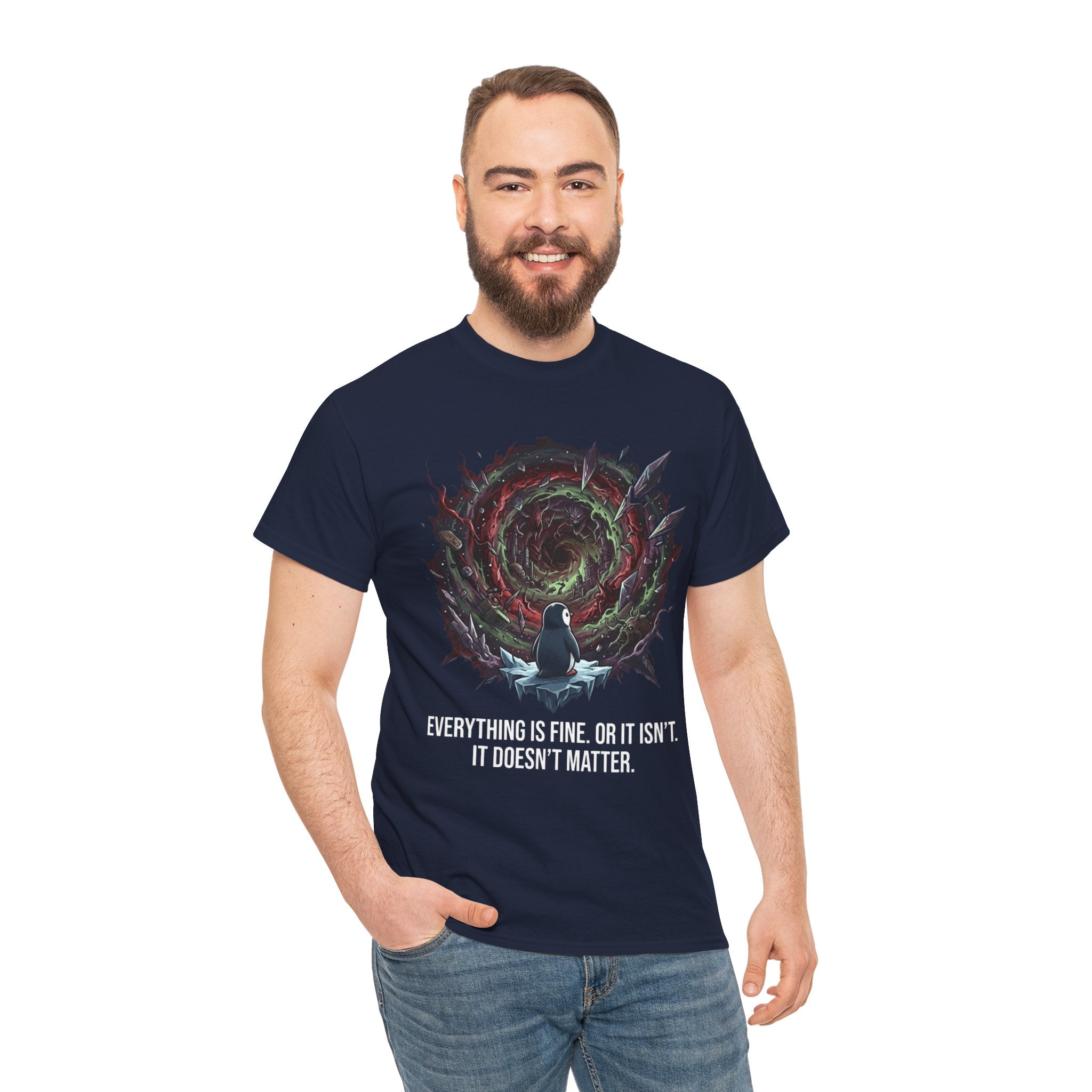 Nihilistic Penguin Portal T-Shirt — Cosmic Vortex Zen Unisex Tee