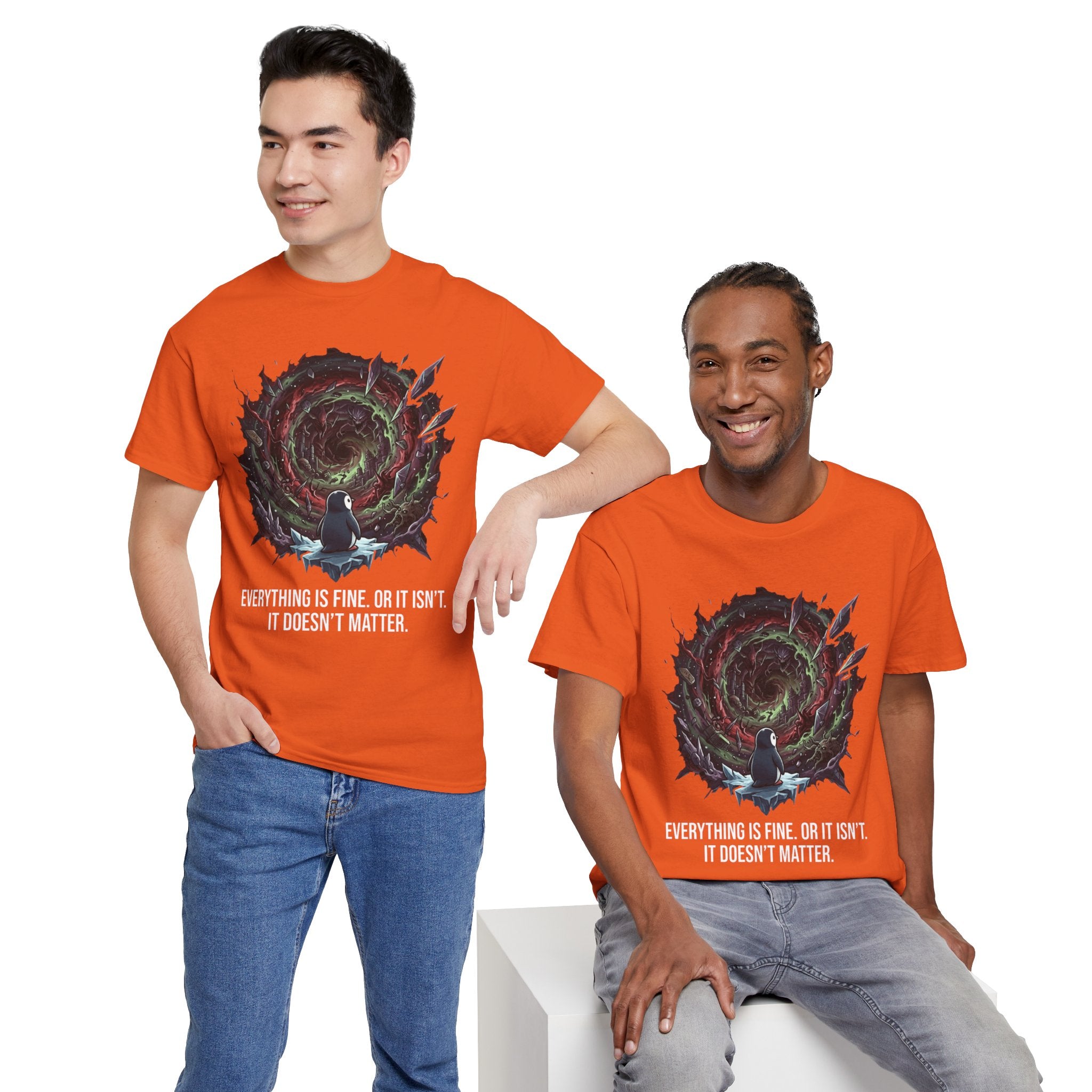 Nihilistic Penguin Portal T-Shirt — Cosmic Vortex Zen Unisex Tee