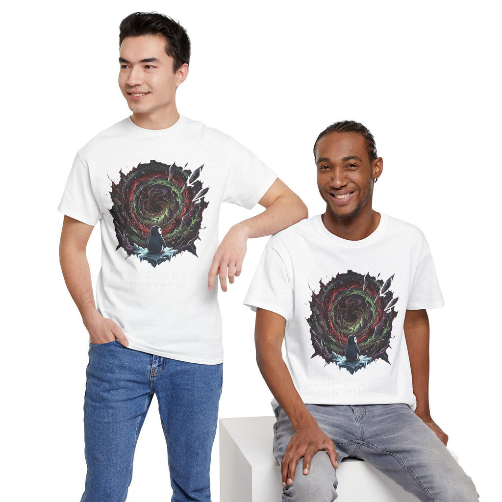 Nihilistic Penguin Portal T-Shirt — Cosmic Vortex Zen Unisex Tee