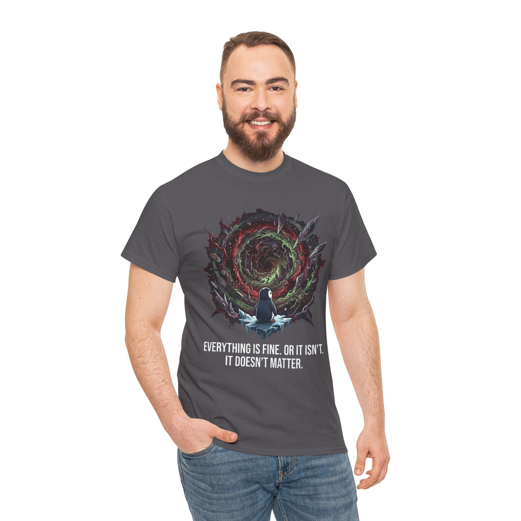 Nihilistic Penguin Portal T-Shirt — Cosmic Vortex Zen Unisex Tee