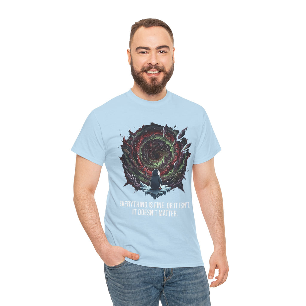 Nihilistic Penguin Portal T-Shirt — Cosmic Vortex Zen Unisex Tee