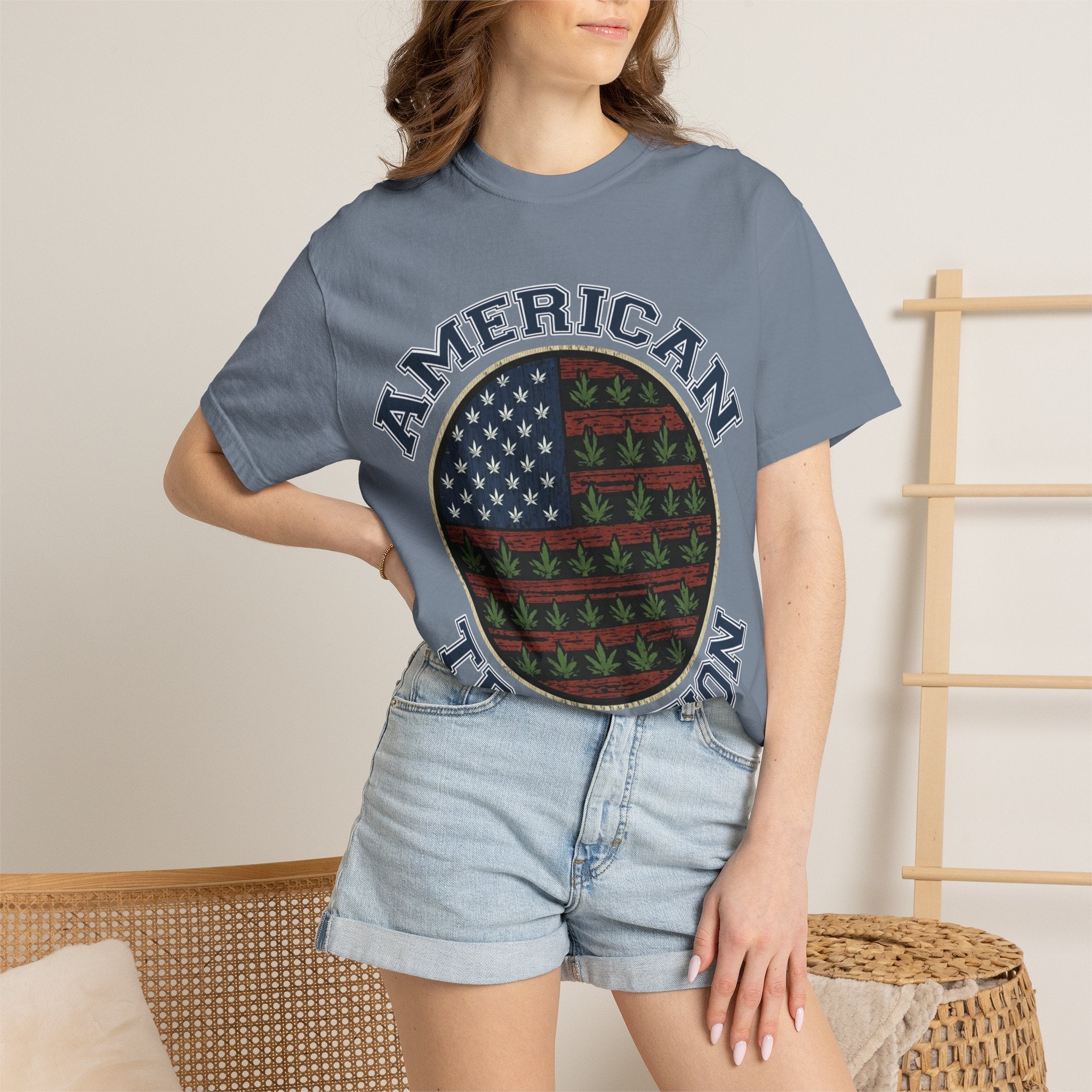 American Tradition T-Shirt — Patriotic Flag with Cannabis Leaf Pattern