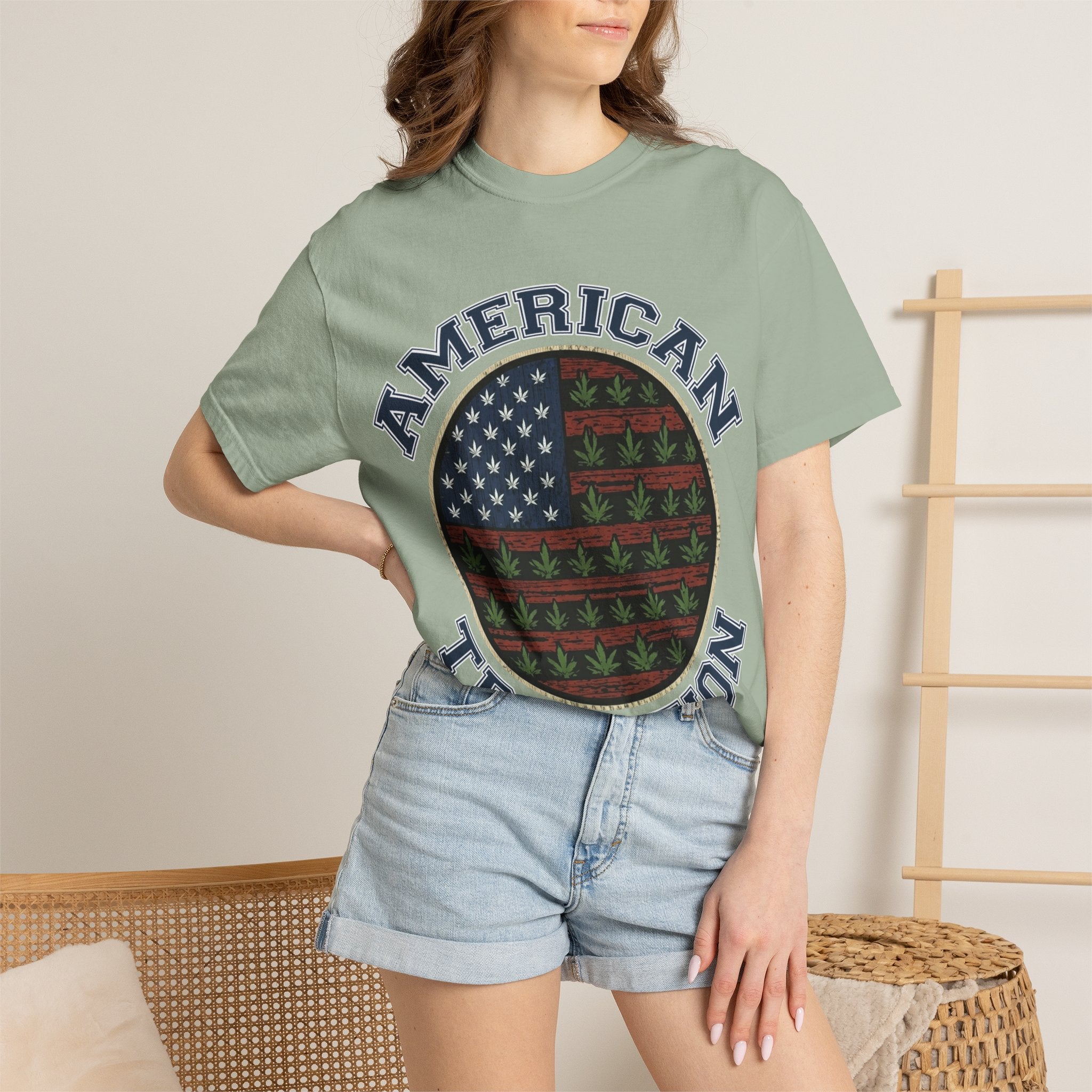 American Tradition T-Shirt — Patriotic Flag with Cannabis Leaf Pattern