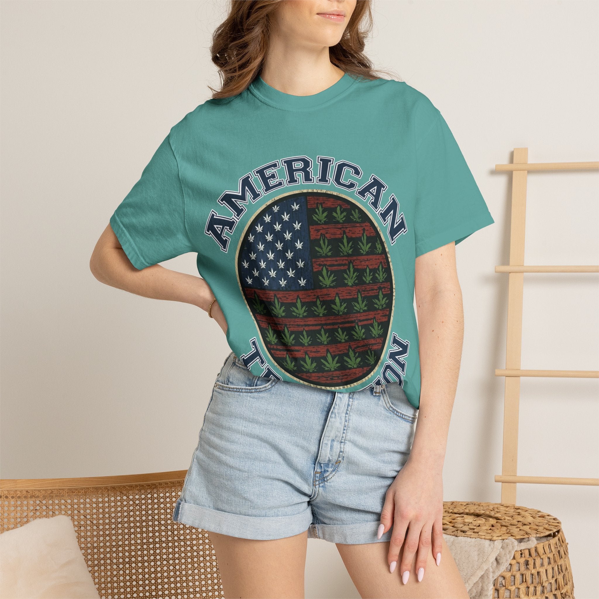 American Tradition T-Shirt — Patriotic Flag with Cannabis Leaf Pattern