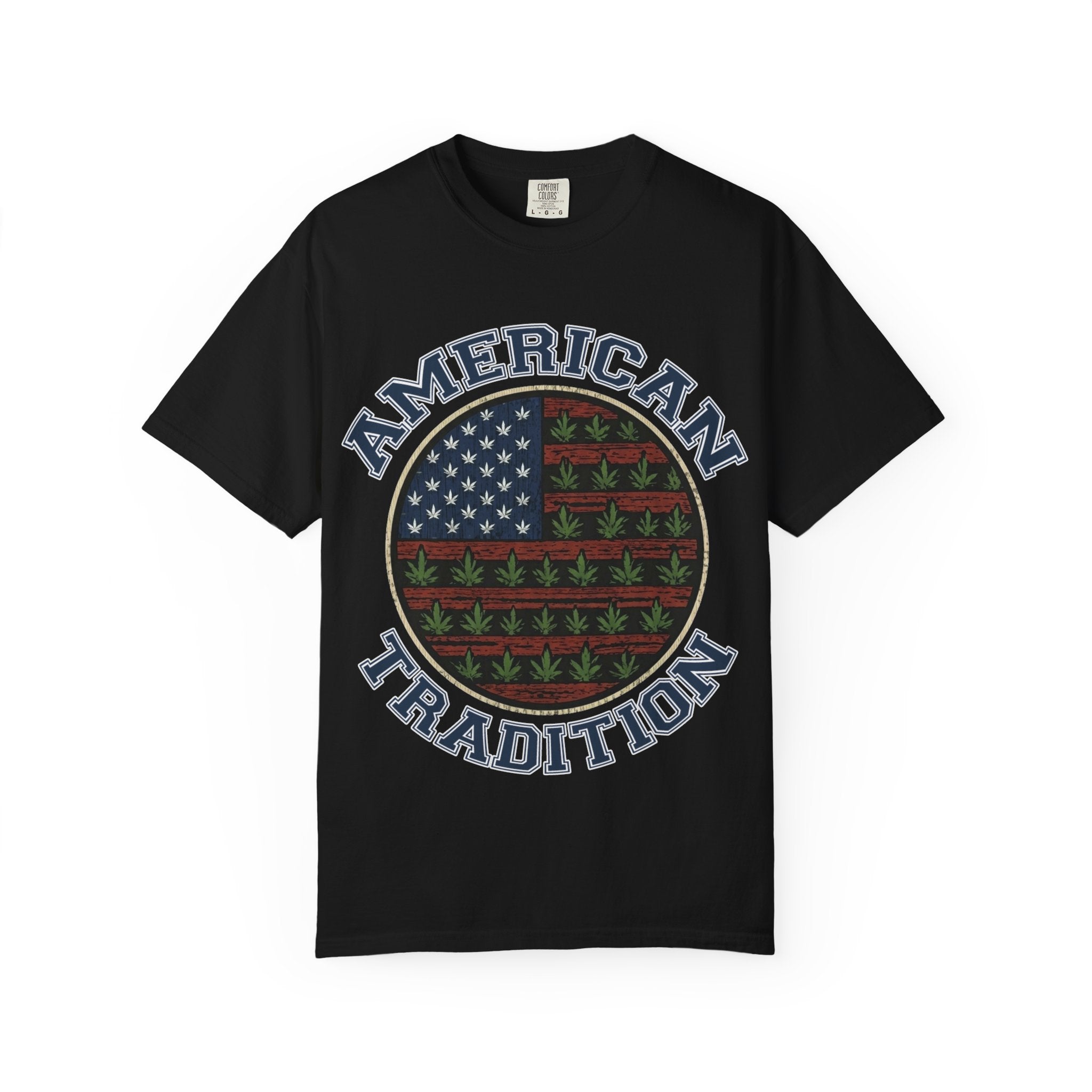 American Tradition T-Shirt — Patriotic Flag with Cannabis Leaf Pattern