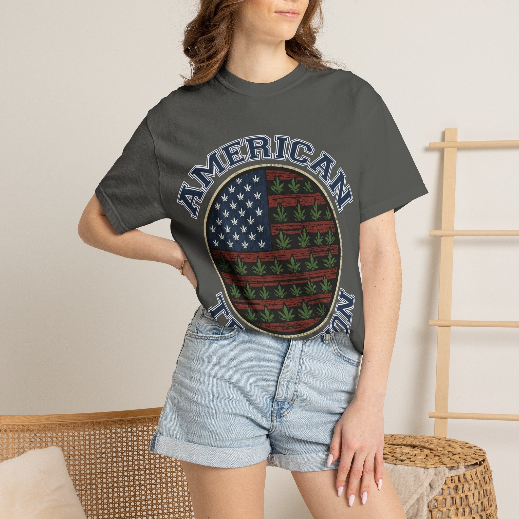 American Tradition T-Shirt — Patriotic Flag with Cannabis Leaf Pattern