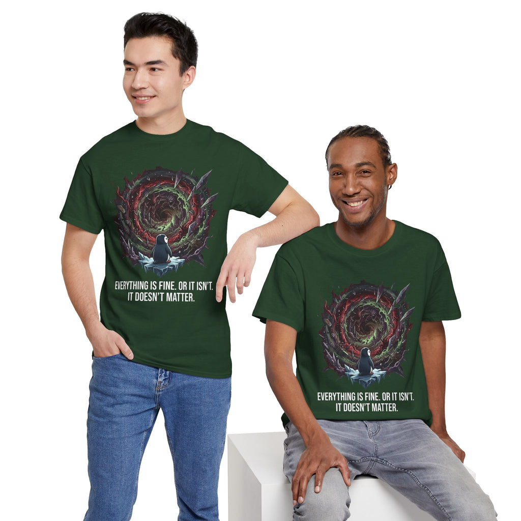Nihilistic Penguin Portal T-Shirt — Cosmic Vortex Zen Unisex Tee