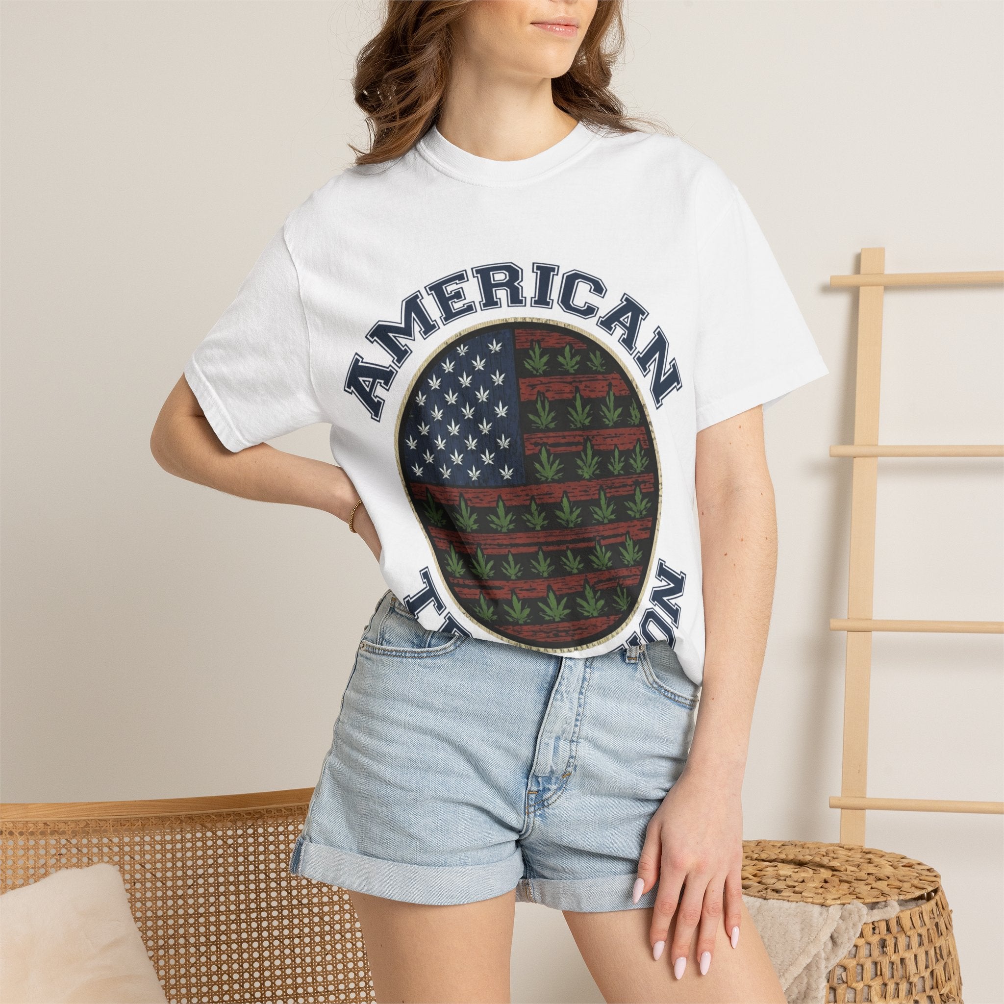 American Tradition T-Shirt — Patriotic Flag with Cannabis Leaf Pattern