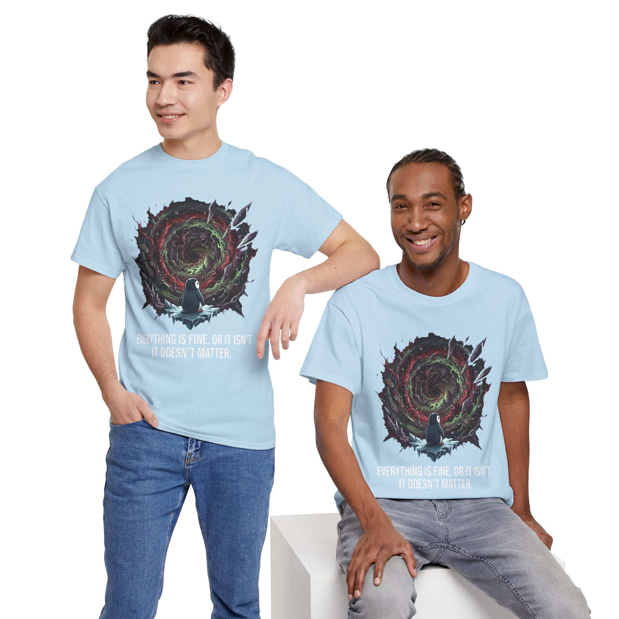 Nihilistic Penguin Portal T-Shirt — Cosmic Vortex Zen Unisex Tee