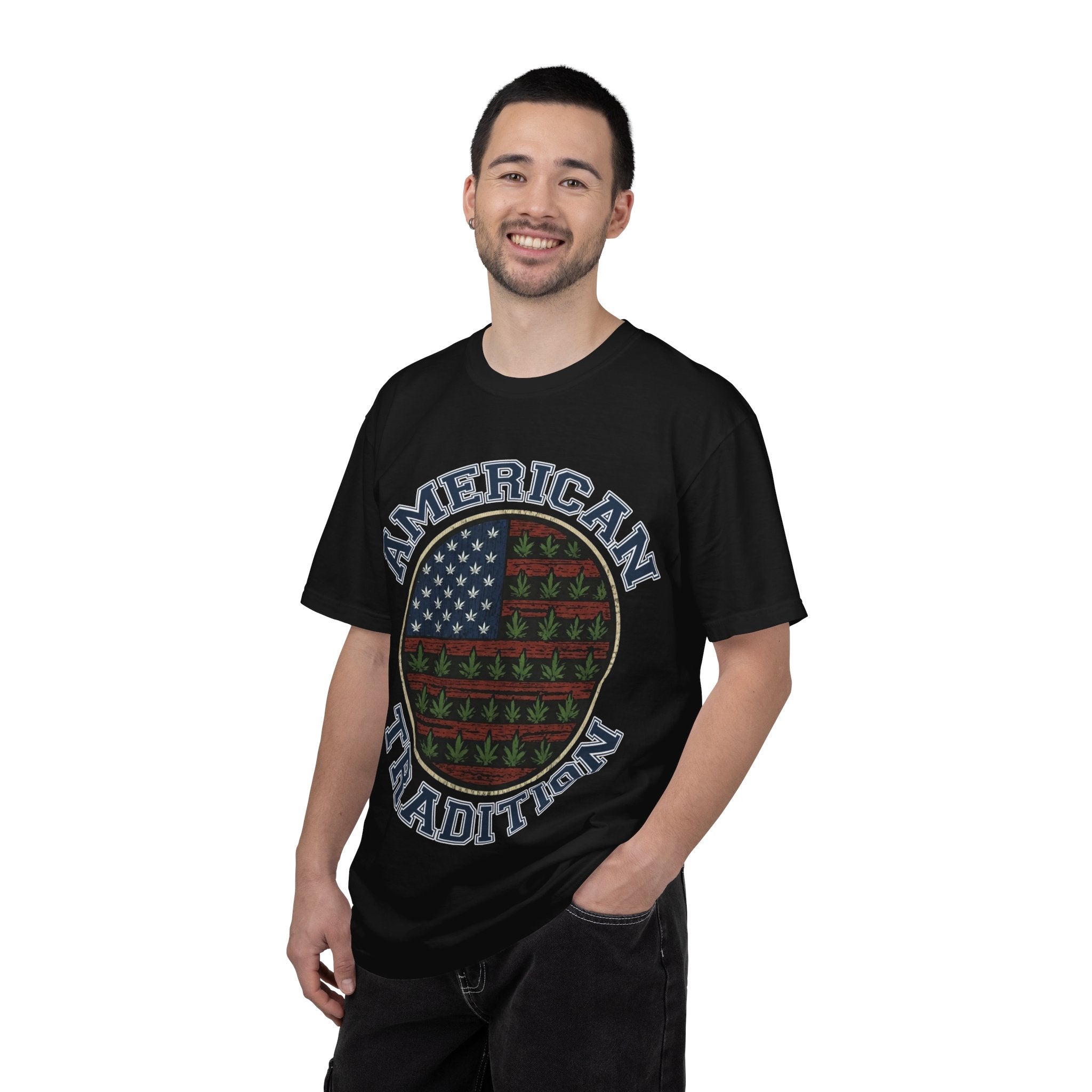 American Tradition T-Shirt — Patriotic Flag with Cannabis Leaf Pattern