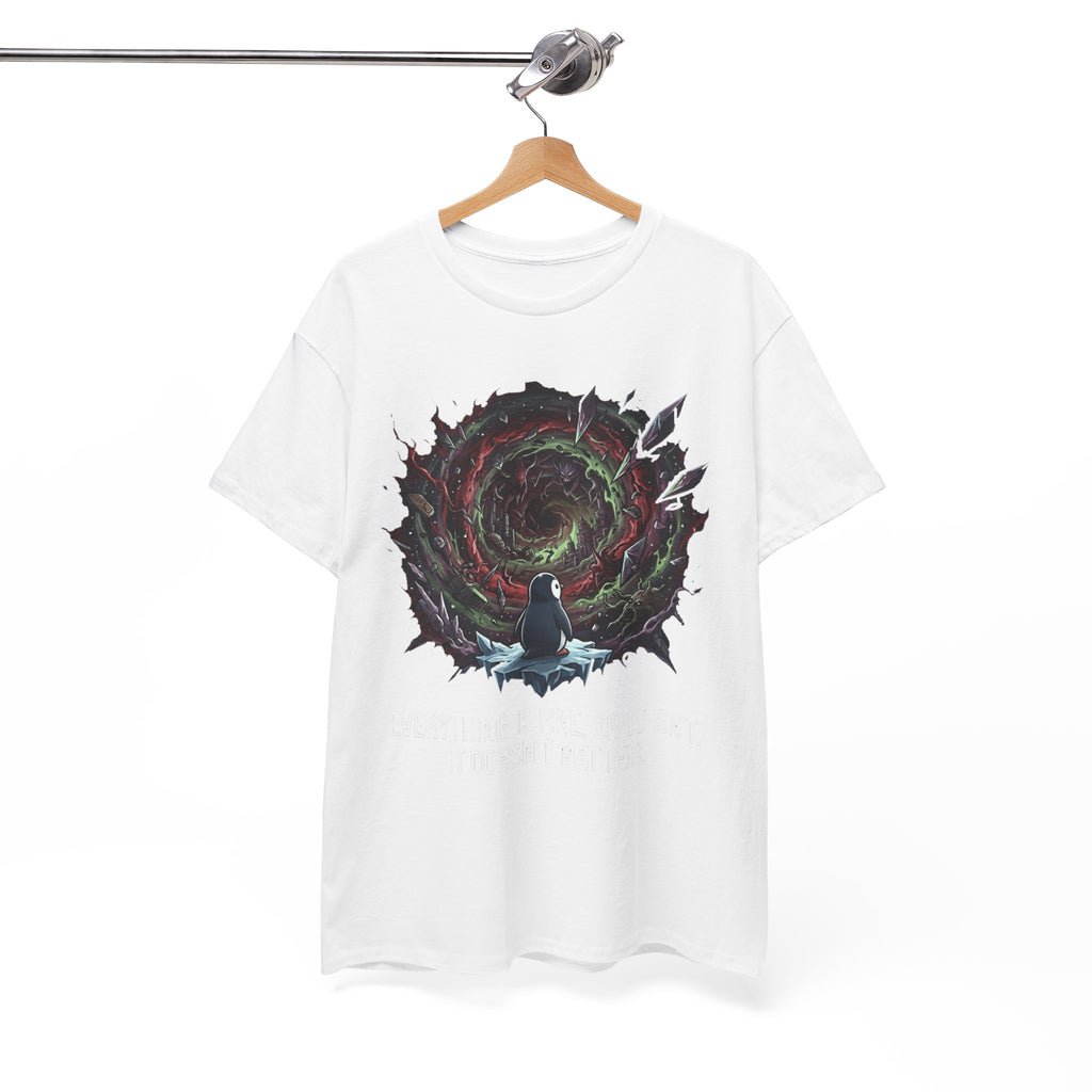 Nihilistic Penguin Portal T-Shirt — Cosmic Vortex Zen Unisex Tee