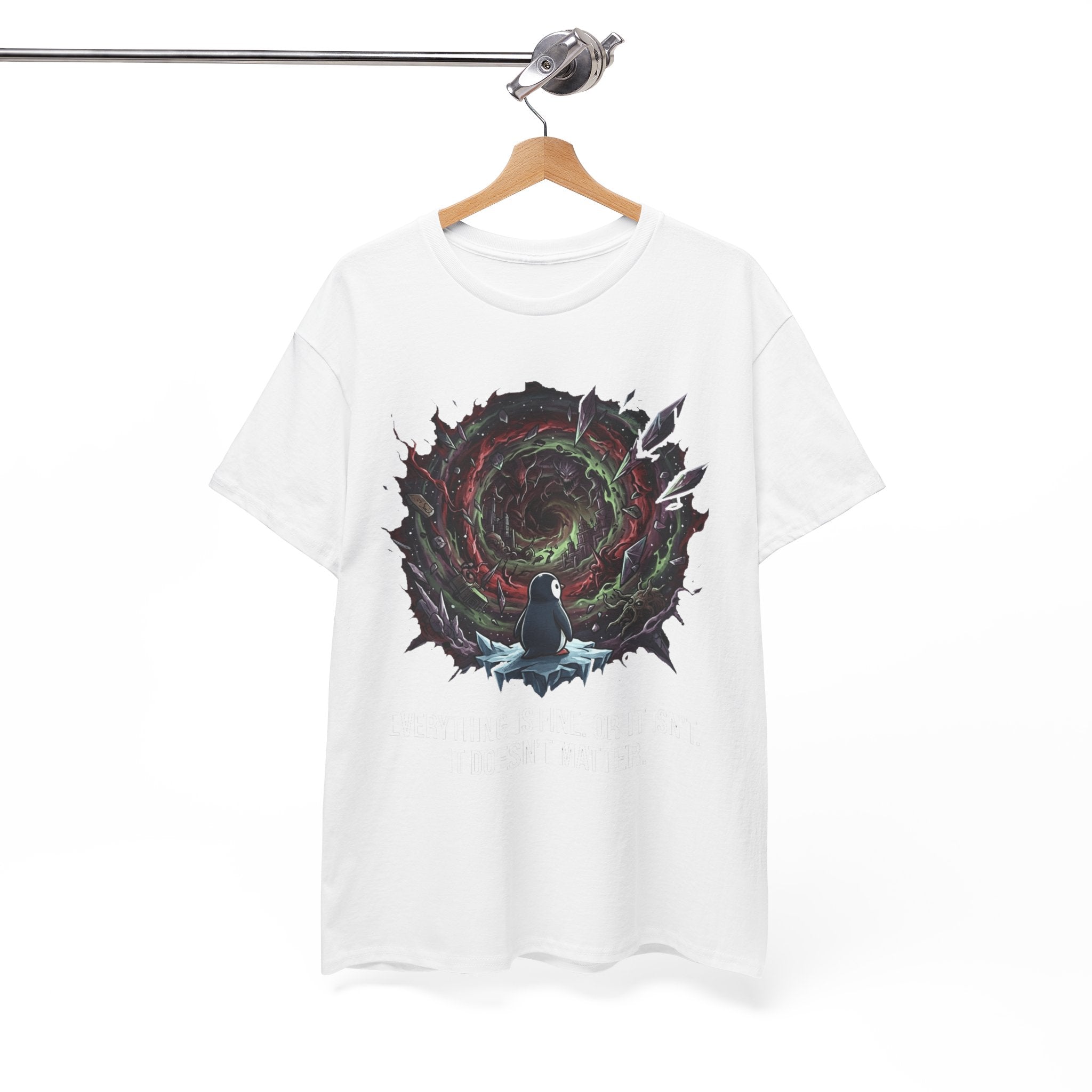 Nihilistic Penguin Portal T-Shirt — Cosmic Vortex Zen Unisex Tee