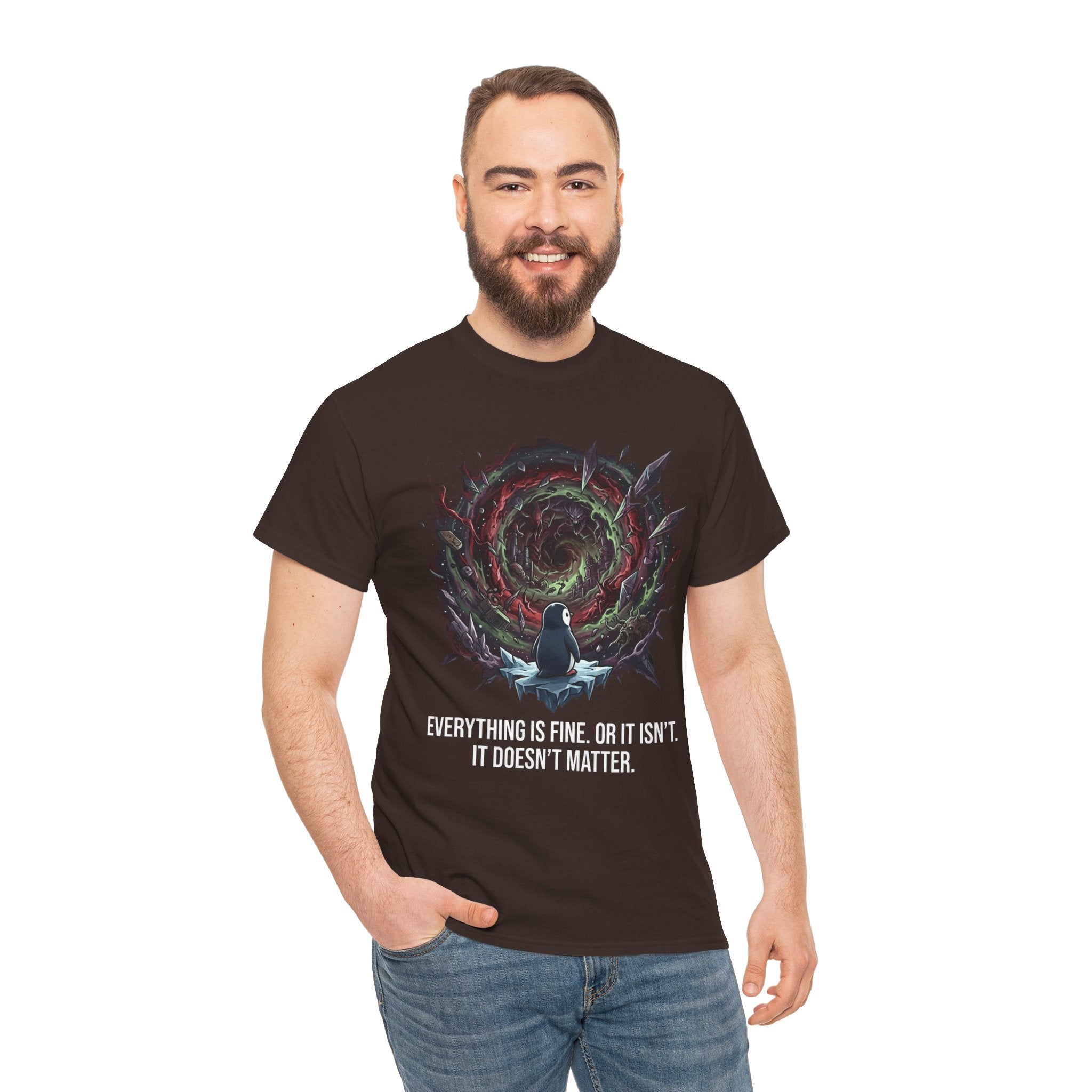 Nihilistic Penguin Portal T-Shirt — Cosmic Vortex Zen Unisex Tee