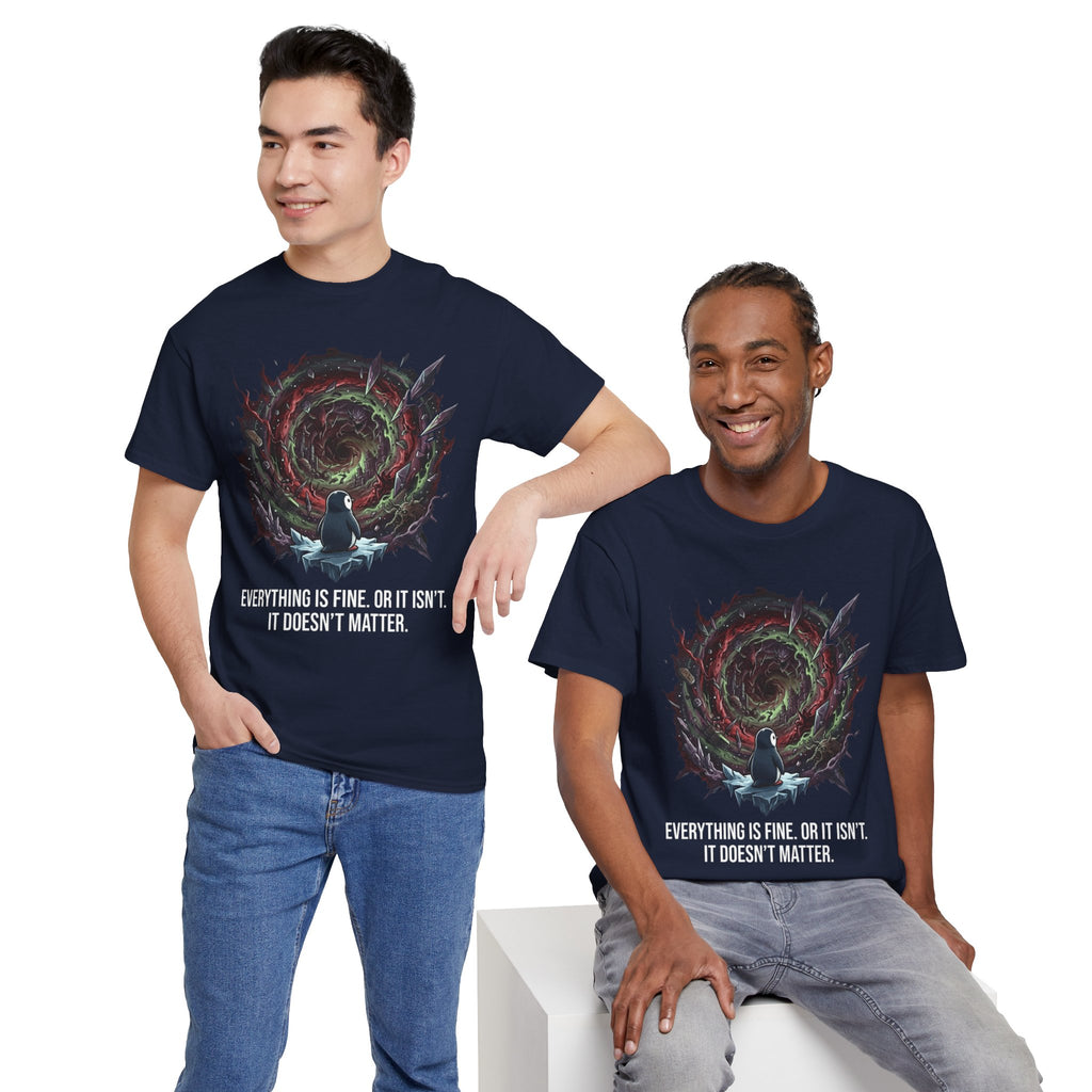 Nihilistic Penguin Portal T-Shirt — Cosmic Vortex Zen Unisex Tee