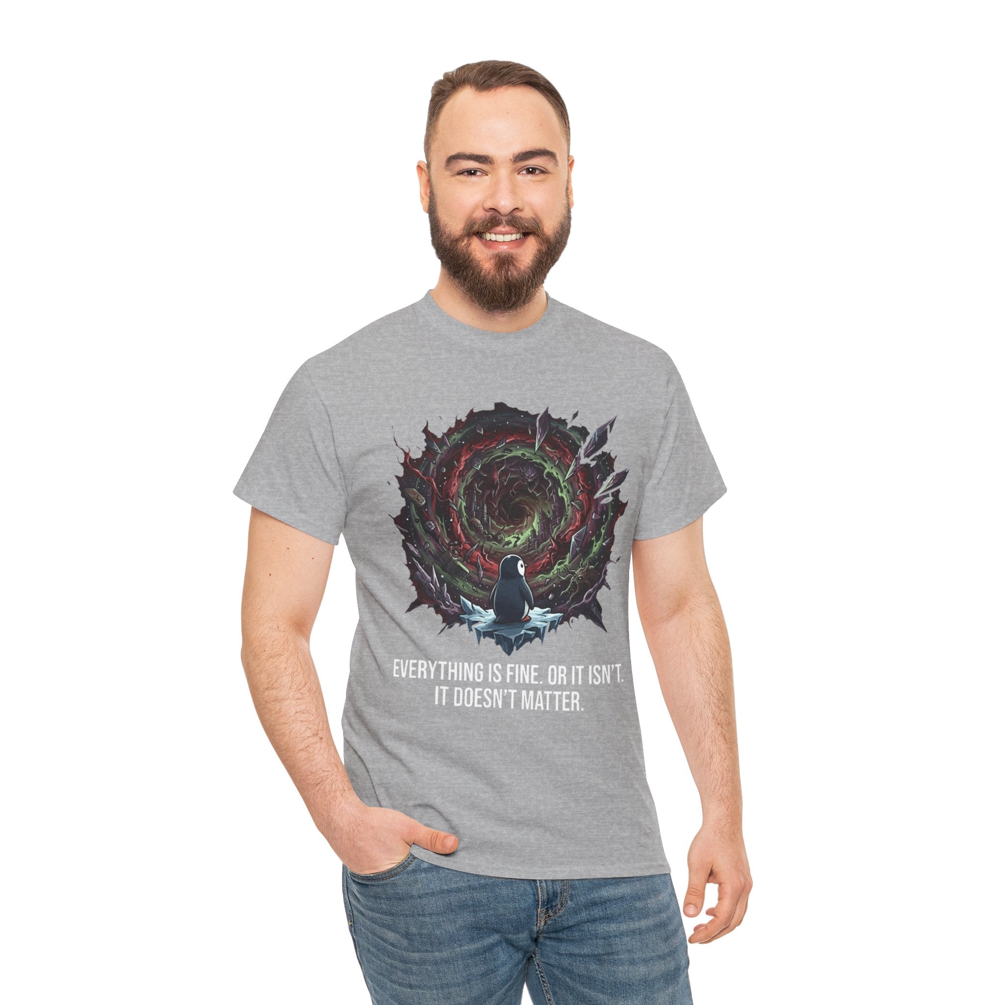 Nihilistic Penguin Portal T-Shirt — Cosmic Vortex Zen Unisex Tee