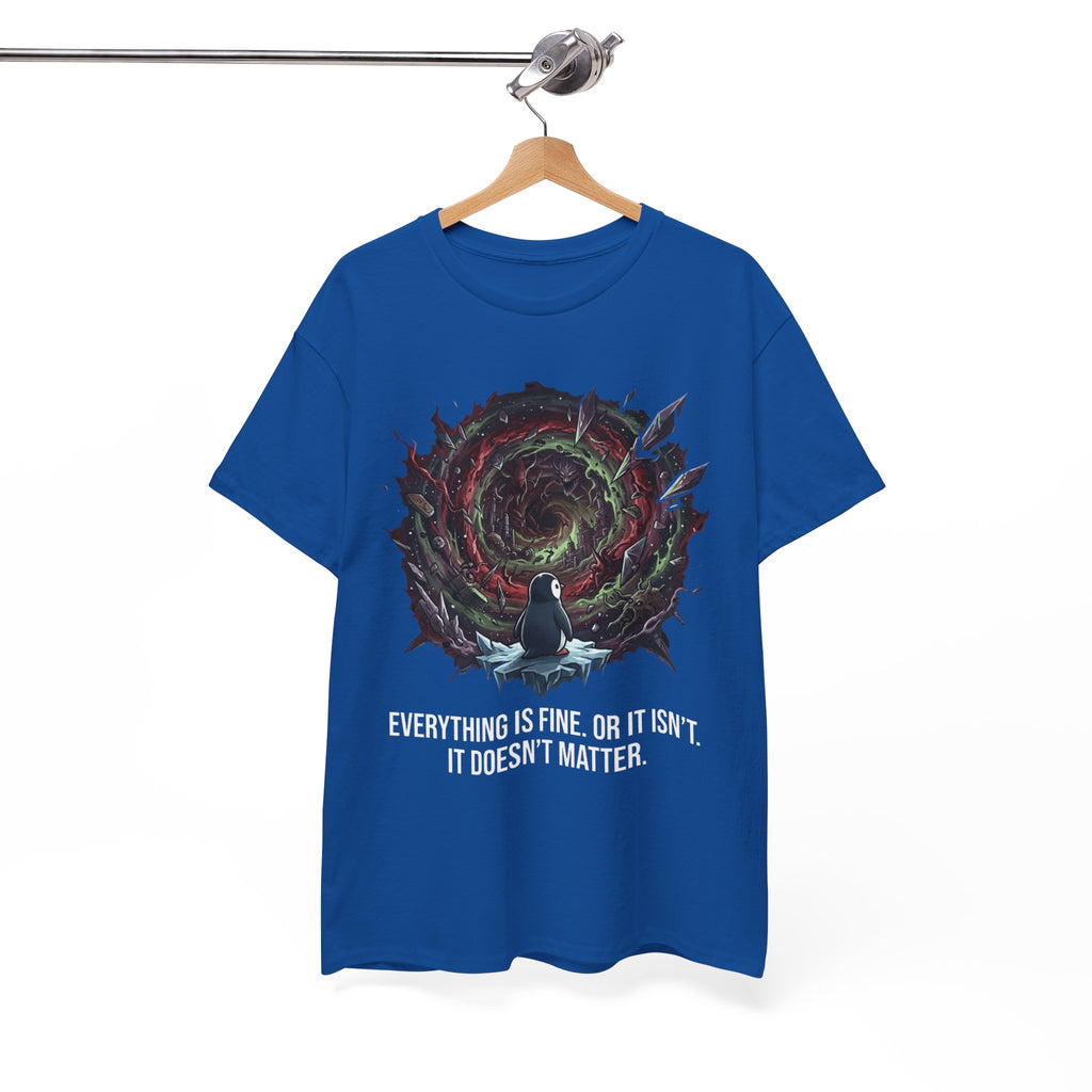 Nihilistic Penguin Portal T-Shirt — Cosmic Vortex Zen Unisex Tee