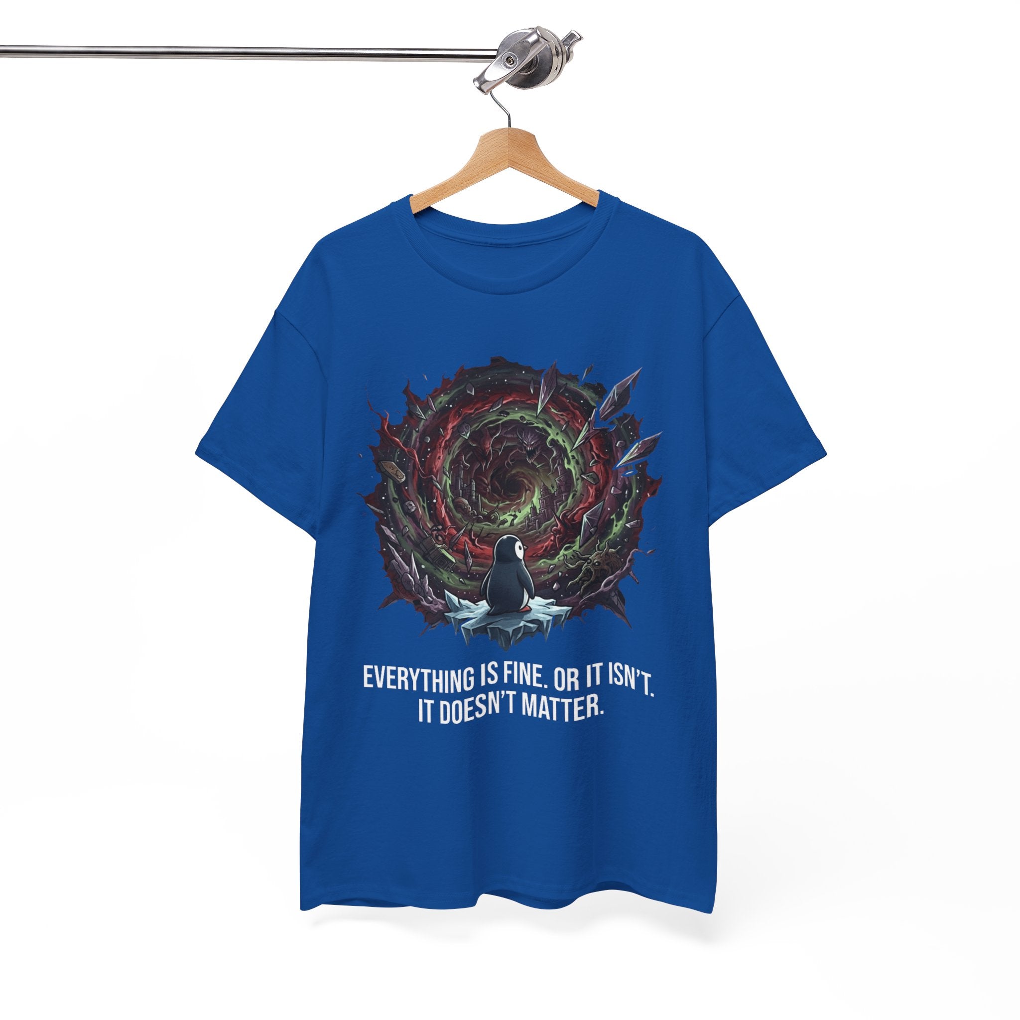 Nihilistic Penguin Portal T-Shirt — Cosmic Vortex Zen Unisex Tee