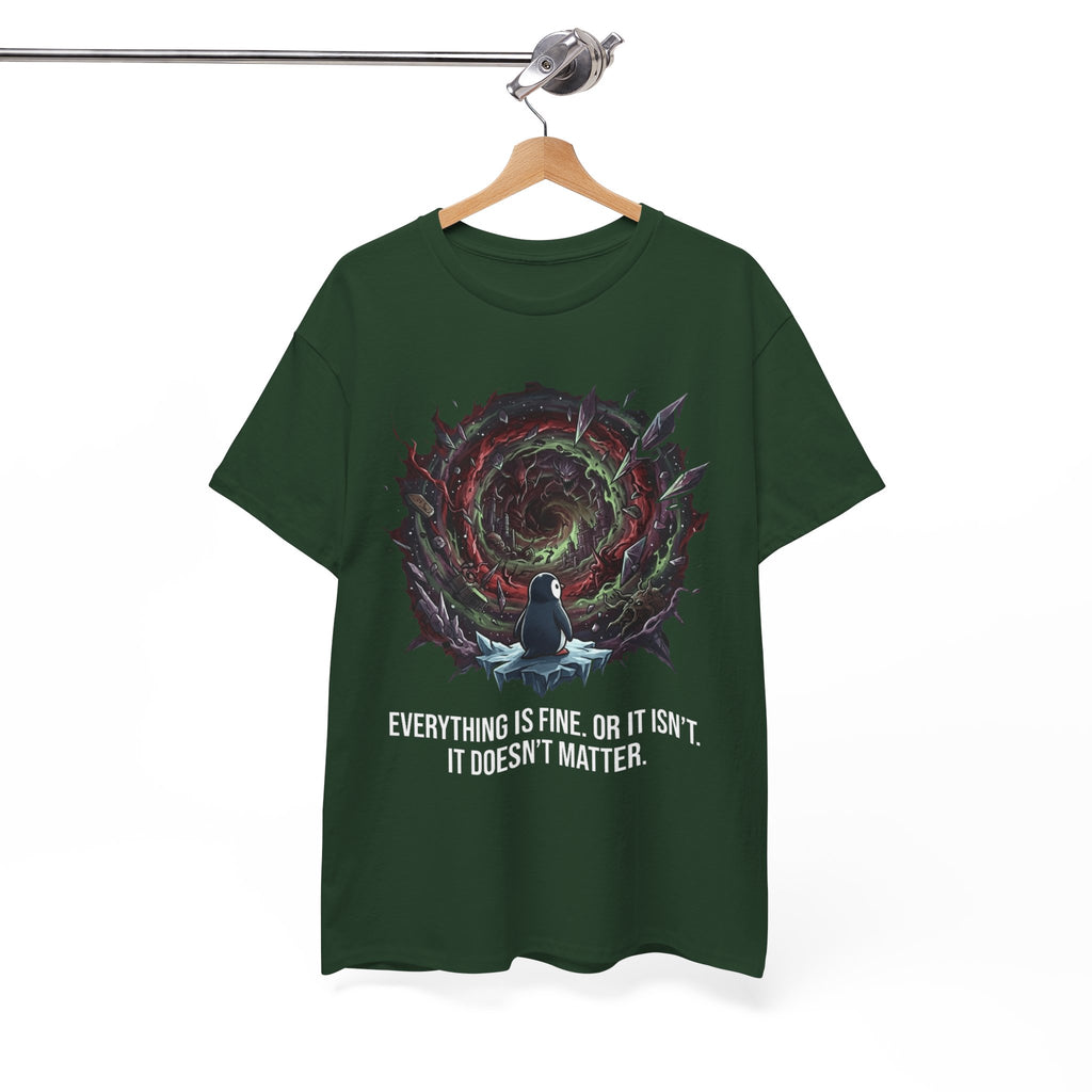 Nihilistic Penguin Portal T-Shirt — Cosmic Vortex Zen Unisex Tee