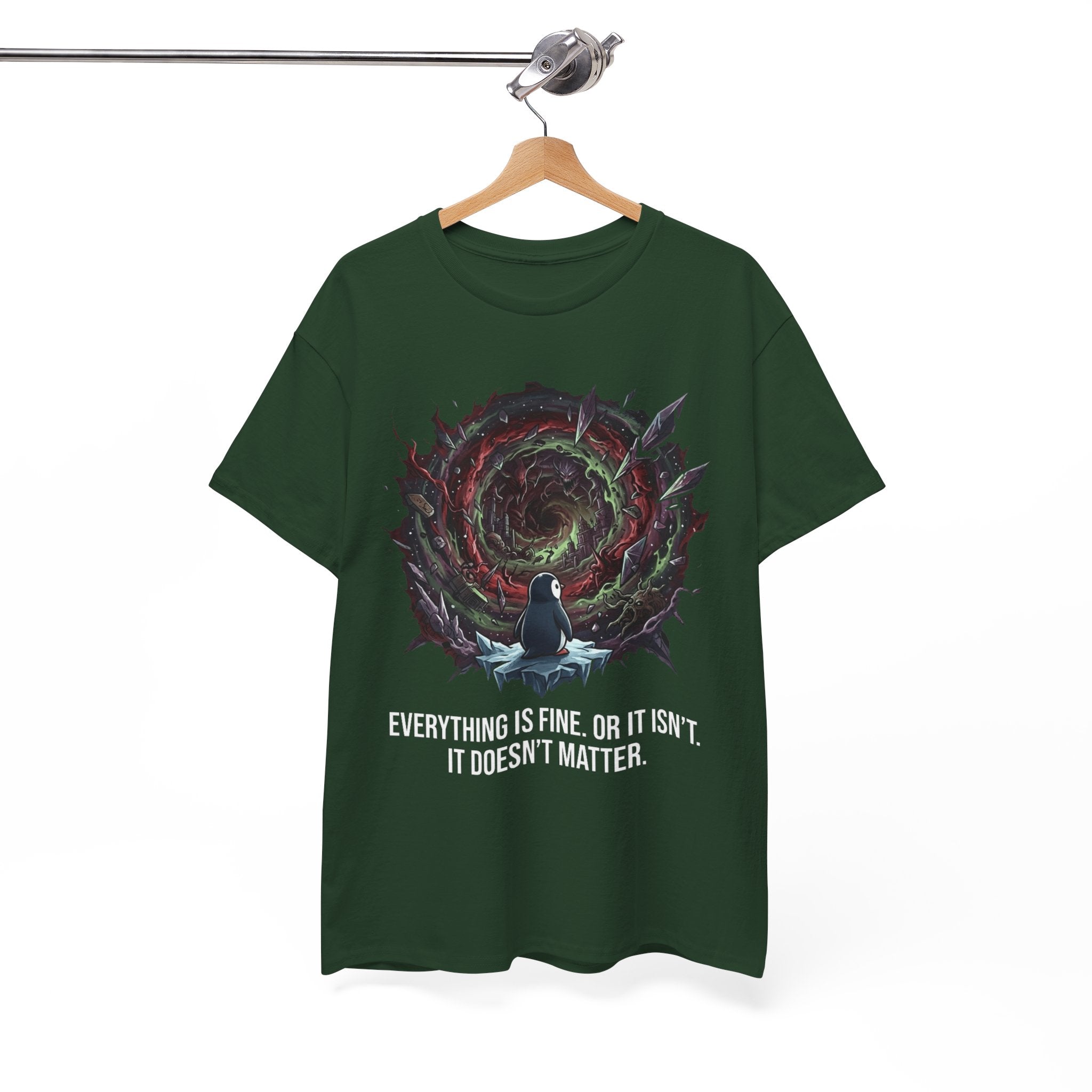 Nihilistic Penguin Portal T-Shirt — Cosmic Vortex Zen Unisex Tee