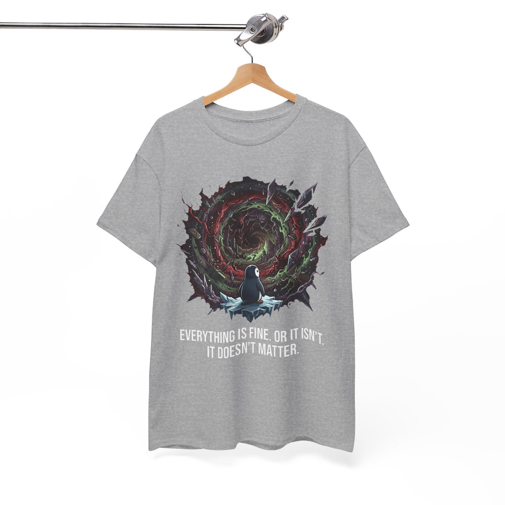 Nihilistic Penguin Portal T-Shirt — Cosmic Vortex Zen Unisex Tee