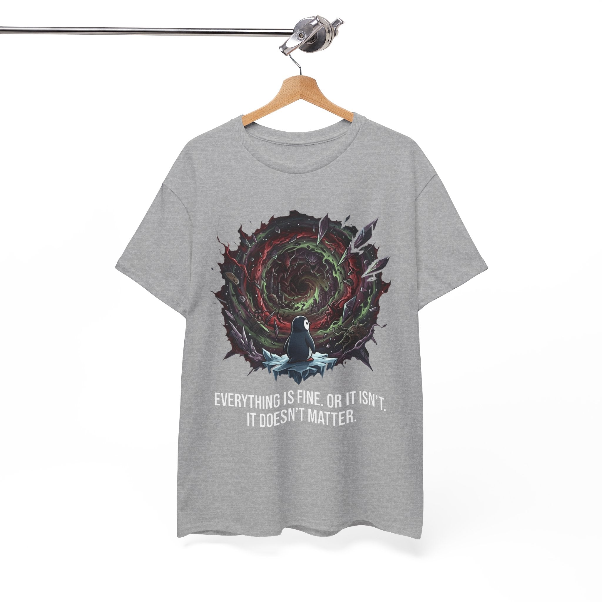 Nihilistic Penguin Portal T-Shirt — Cosmic Vortex Zen Unisex Tee