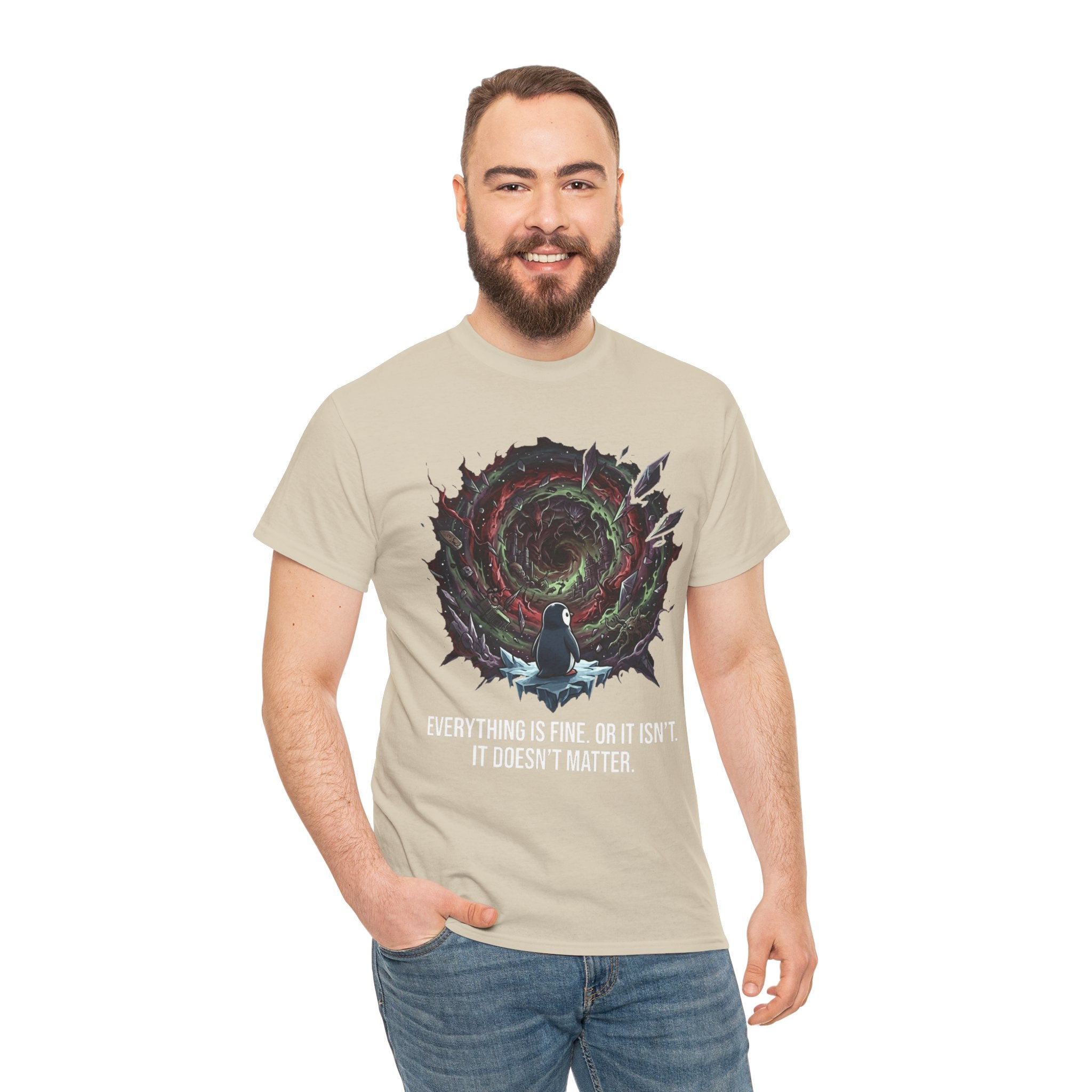 Nihilistic Penguin Portal T-Shirt — Cosmic Vortex Zen Unisex Tee