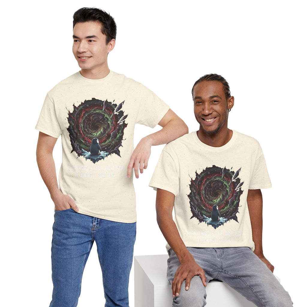Nihilistic Penguin Portal T-Shirt — Cosmic Vortex Zen Unisex Tee