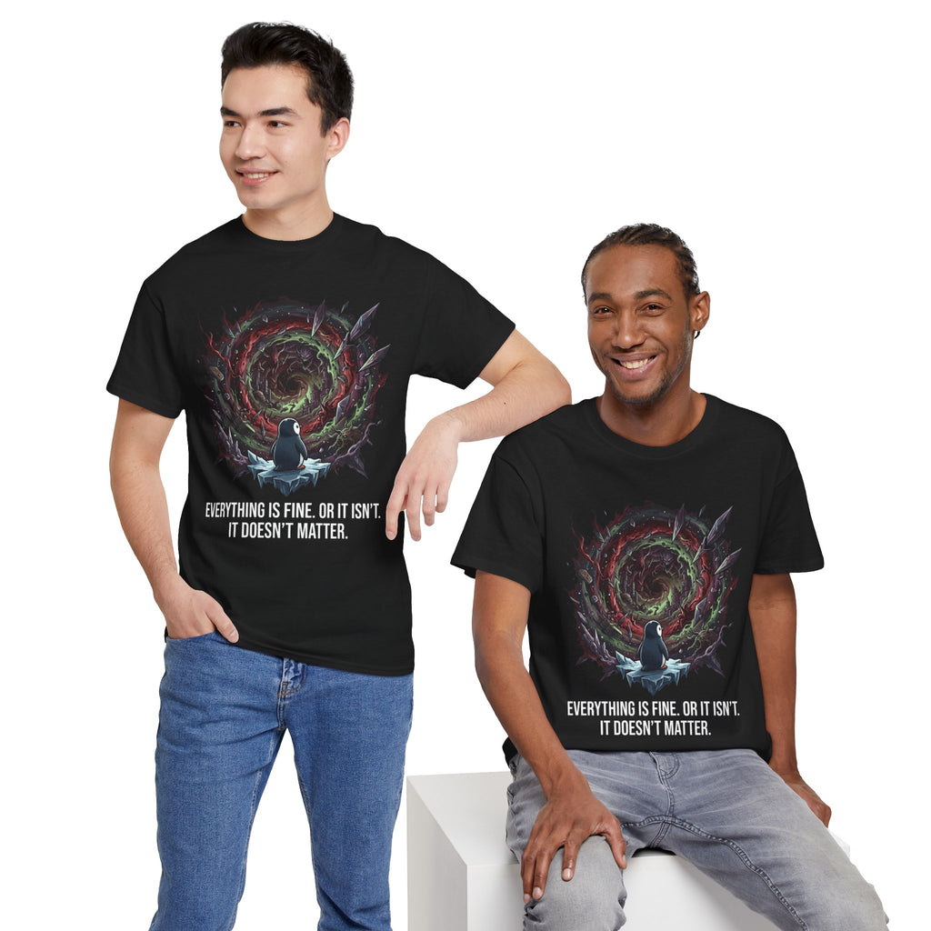 Nihilistic Penguin Portal T-Shirt — Cosmic Vortex Zen Unisex Tee