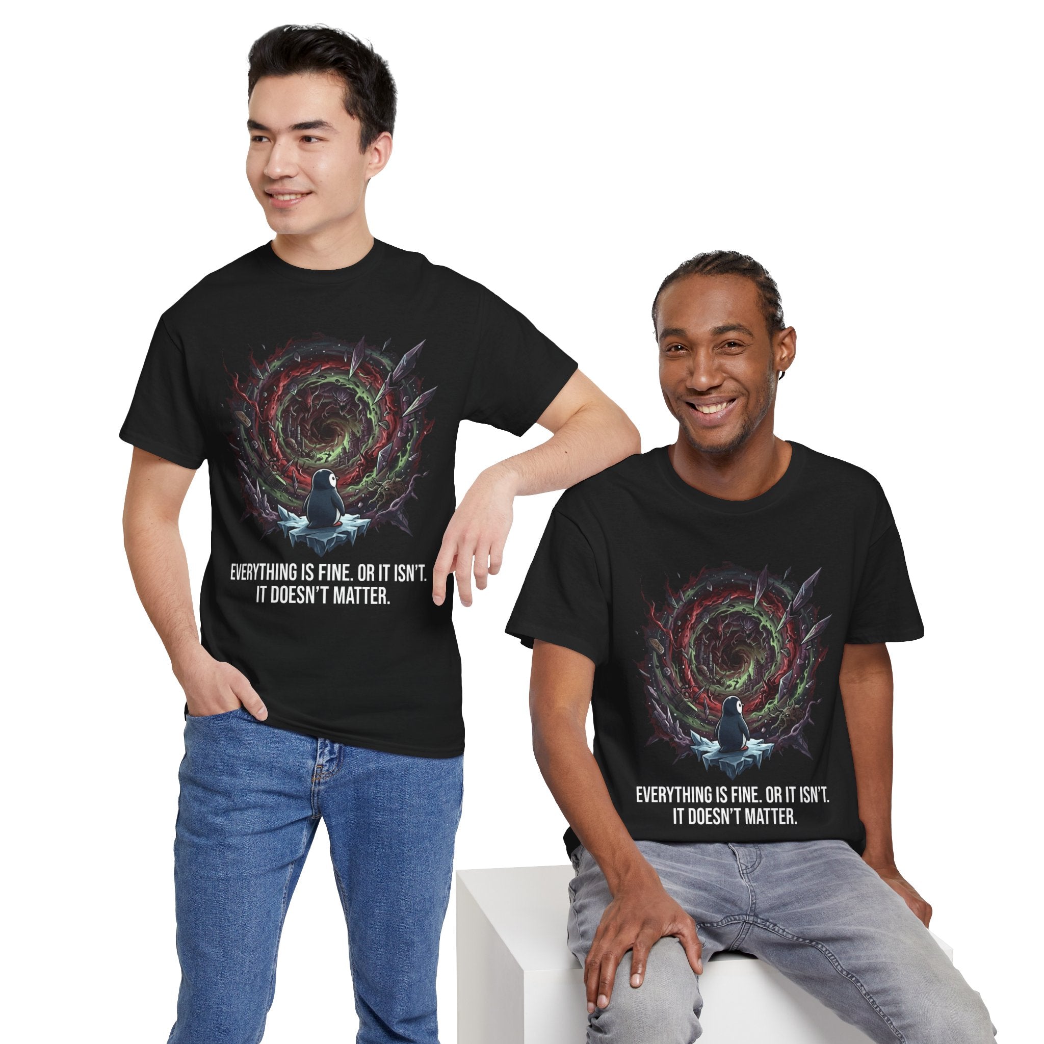 Nihilistic Penguin Portal T-Shirt — Cosmic Vortex Zen Unisex Tee
